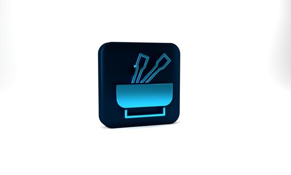 Blue Asian noodles in bowl and chopsticks icon isolated on grey background. Street fast food. Korean, Japanese, Chinese food. Blue square button. 3d illustration 3D render