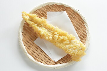 Japanese deep fried food, Eel tempura on bamboo basket with copy space