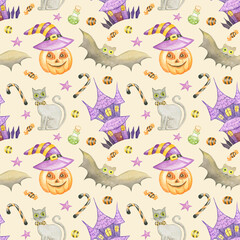 Fototapeta premium Watercolor seamless happy halloween pattern with haunted house,pumpkin,gray cat,bat,candy cane,sweet candy and stars isolated on beige background.For children textile,halloween,wrapping,package.