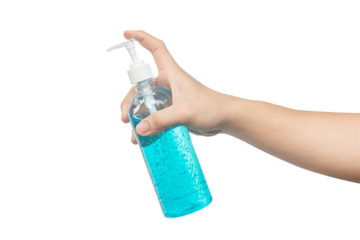 Hand holding alcohol gel isolated on white background with clipping path