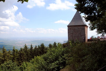 Chapelle des Anges (Chapel of Angels) at Mont Sainte-Odile or Hohenburg Abbey, a nunnery, situated on Mont Sainte-Odile, France, with a panormic view onto the Rhine valley in the distance