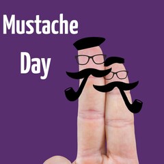 Mustache day text banner with fingers with two faces painted with a moustache and smoke pipe