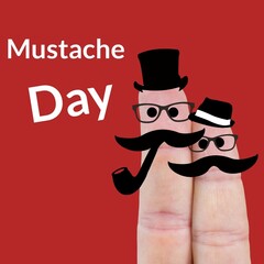 Mustache day text banner with fingers with two faces painted with a moustache and smoke pipe