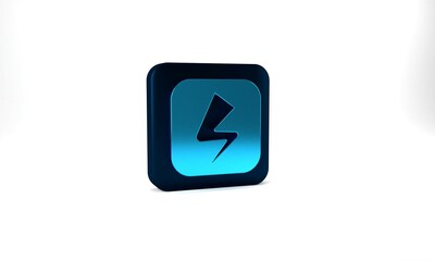 Blue Lightning bolt icon isolated on grey background. Flash sign. Charge flash icon. Thunder bolt. Lighting strike. Blue square button. 3d illustration 3D render