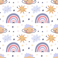 Seamless childish pattern with funny rainbow, planet cloud and sun. Perfect for decorating prints for fabric, wrapping paper, textiles, wallpaper, clothes. Vector graphics on a white background.