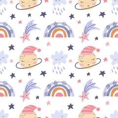Seamless childish pattern with funny rainbow, planets,   cloud and stars. Perfect for decorating prints for fabric, wrapping paper, textiles, wallpaper, clothes. Vector graphics on a white background.