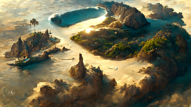 Artistic concept painting of a beautiful wilderness landscape, with a picturesque beach and palms in the background. Tender and dreamy design, background illustration. illustration.