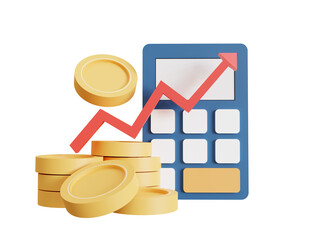 icon 3D cartoon style design. coins, calculator, and icon. business Investments, money savings, budget management, and financial profit concept isolated on a transparent background