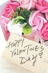 Artificial flower, soup made rose bouquet and hand written Valentine's Day message card