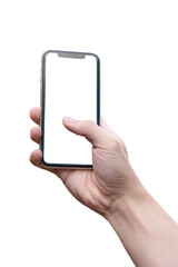 Man hand holding smartphone isolated on white with clipping path