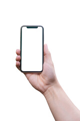 Man hand holding smartphone isolated on white with clipping path