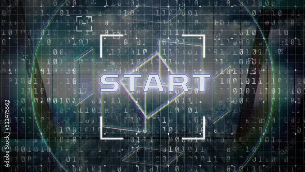 Aufkleber animation of digital start text with multiple geometric shapes moving in loop against binary codes