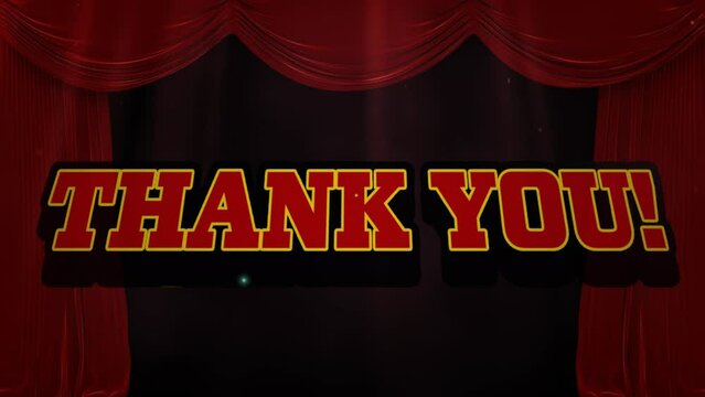 Animation of graphical thank you text with explosive vector against red curtains, copy space