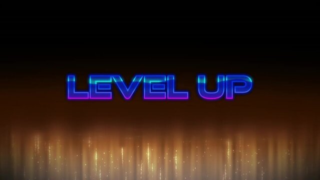 Animation of digital level up text with illuminated lights against black background