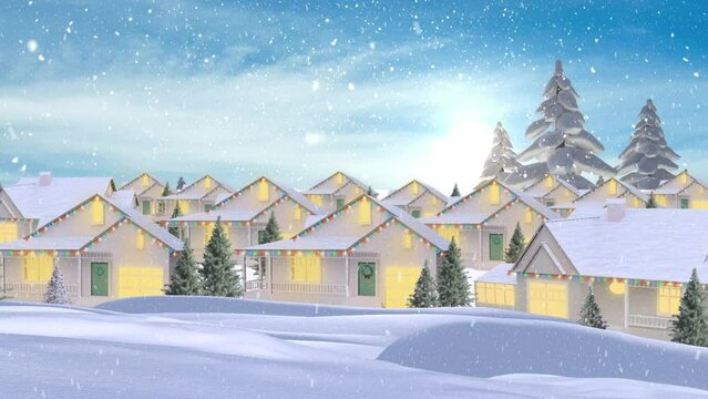 Animation of snow falling on vector houses in town against blue cloudy sky
