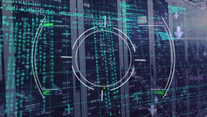 Futuristic interface and computer programming with server room in background