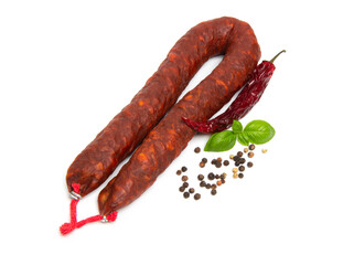 Spanish chorizo sausage on white background