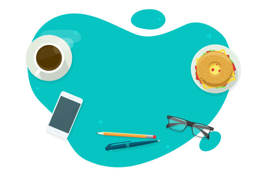 Office desk table top view vector abstract empty blank space, tabletop working place desktop above overhead with pen pencil, glasses and coffee food, workplace or workspace up with cell phone graphic