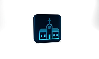 Blue Church building icon isolated on grey background. Christian Church. Religion of church. Blue square button. 3d illustration 3D render
