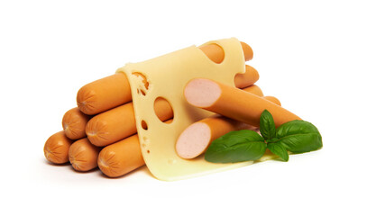 Fresh boiled chicken sausages with Maasdam cheese, isolated on white background