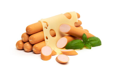 Fresh boiled chicken sausages with Maasdam cheese, isolated on white background