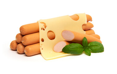 Fresh boiled chicken sausages with cheese, isolated on white background