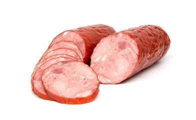 Smoked Ham Sausage or Pork Wurst, isolated on a white background