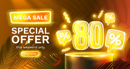 Mega sale special offer, Neon 80 off sale banner. Sign board promotion. Vector