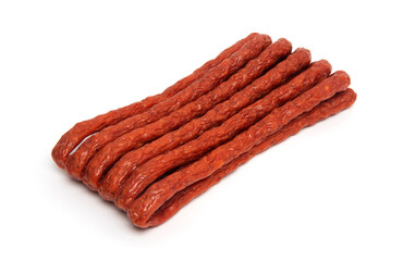 Thin Dry Smoked Pork or beef meat Polish Kabanos sausages Isolated on white background