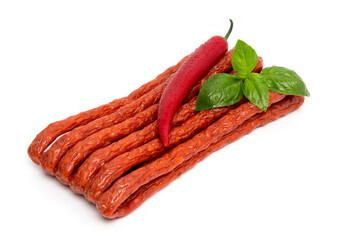 Thin Dry Smoked Pork or beef meat Polish Kabanos sausages Isolated on white background