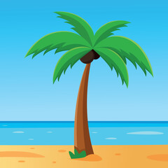 Fototapeta na wymiar Palm tree by the sea. Flat vector illustration big beautiful palm tree near ocean sea. Sea sand palm. Maldives
