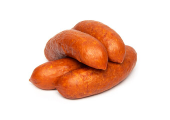 Smoked pork sausages for grill, isolated on white background