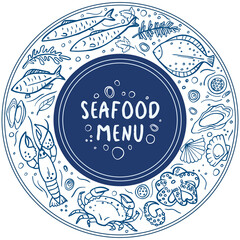 Set of doodle seafood on white background. Vector illustration. Perfect for dessert menu or food package design.