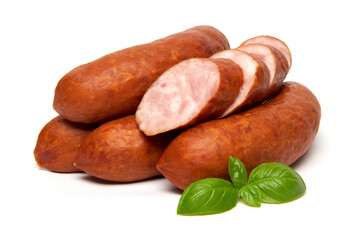Smoked pork sausages for grill, isolated on white background