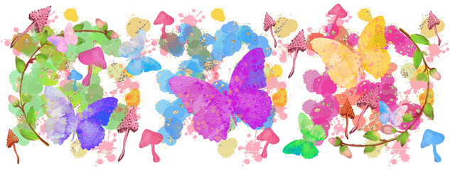 Fototapeta na wymiar Watercolour illustration with butterflies, mushrooms, flowers, splashes. Wedding, birthday, celebration template.