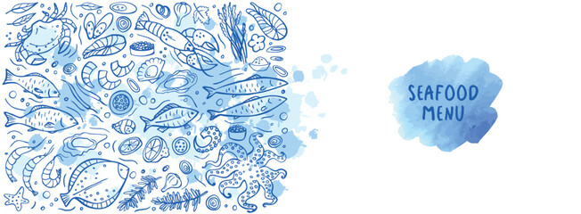 Long banner of set doodle seafood on white blue background. Vector illustration. Perfect for dessert menu or food package design. - obrazy, fototapety, plakaty