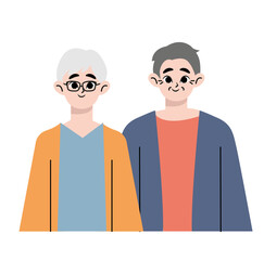 Portrait of senior couple of old people isolated on white background. Aged man and woman standing together. Colored flat vector illustration of retired gray-haired grandmother and grandfather