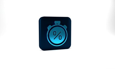 Blue Stopwatch with percent discount icon isolated on grey background. Time timer sign. Blue square button. 3d illustration 3D render