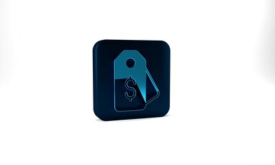 Blue Price tag with dollar icon isolated on grey background. Badge for price. Sale with dollar symbol. Promo tag discount. Blue square button. 3d illustration 3D render