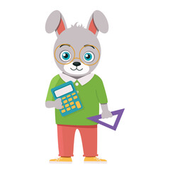 Character hare schoolboy in glasses with a calculator and a mathematical triangle ruler. Vector graphic.