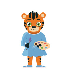 Character tiger schoolgirl with a brush and a palette of paints. Vector graphic.	