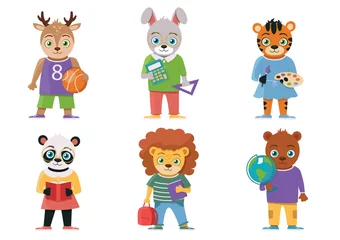 Poster Robot Schoolchildren. Characters animals with school elements (books, calculator, ball, paints, etc.). Lion, bear, deer, panda, tiger, hare. Vector graphic.