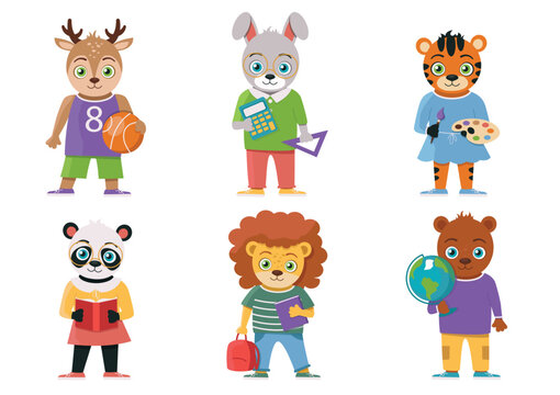 Schoolchildren. Characters animals with school elements (books, calculator, ball, paints, etc.). Lion, bear, deer, panda, tiger, hare. Vector graphic.