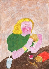 Fotobehang girl eating fast food. watercolor illustration © Anna Ismagilova