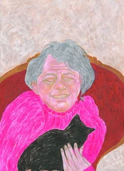 Gordijnen watercolor painting. old woman with cat. illustration.  © Anna Ismagilova