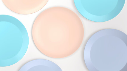 Colorful Baby Blue plate pink and green pastel coloured plates on white background. Top view 3d render