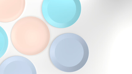 Colorful Baby Blue plate pink and green pastel coloured plates on white background. Top view 3d render