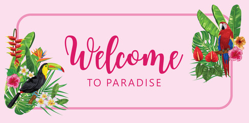 Welcome to paradise lettering with tropical birds and flowers © rexandpan