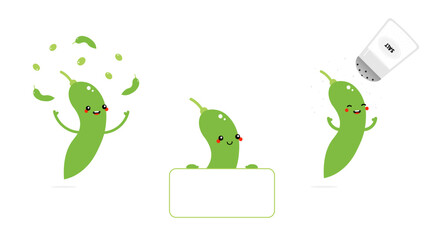 Set, collection of cute cartoon style edamame characters doing different activities. Holding card, banner in hands, juggling little beans, showering in salt. Conceptual edamame snacks design.

