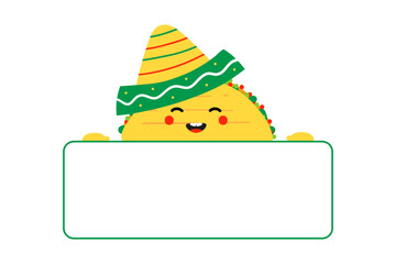 Cute and happy taco character in sombrero holding in hands blank card, banner. 